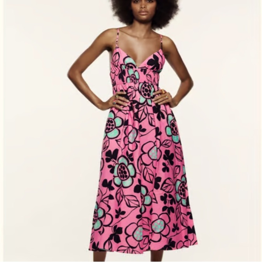 ZARA Pink & Blue Floral Poplin Maxi Sundress - NWOT, Medium